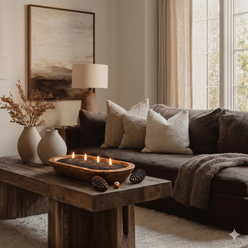 A wooden bowl in living room with pearled candles