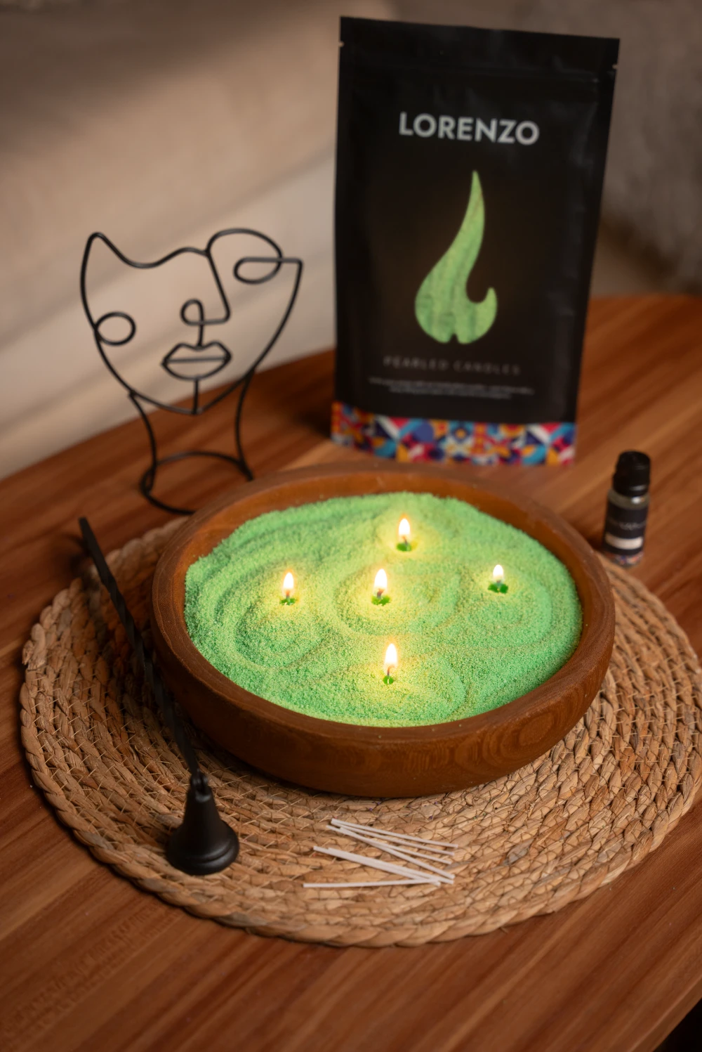 Wooden Green bowl pearled candles in Jordan